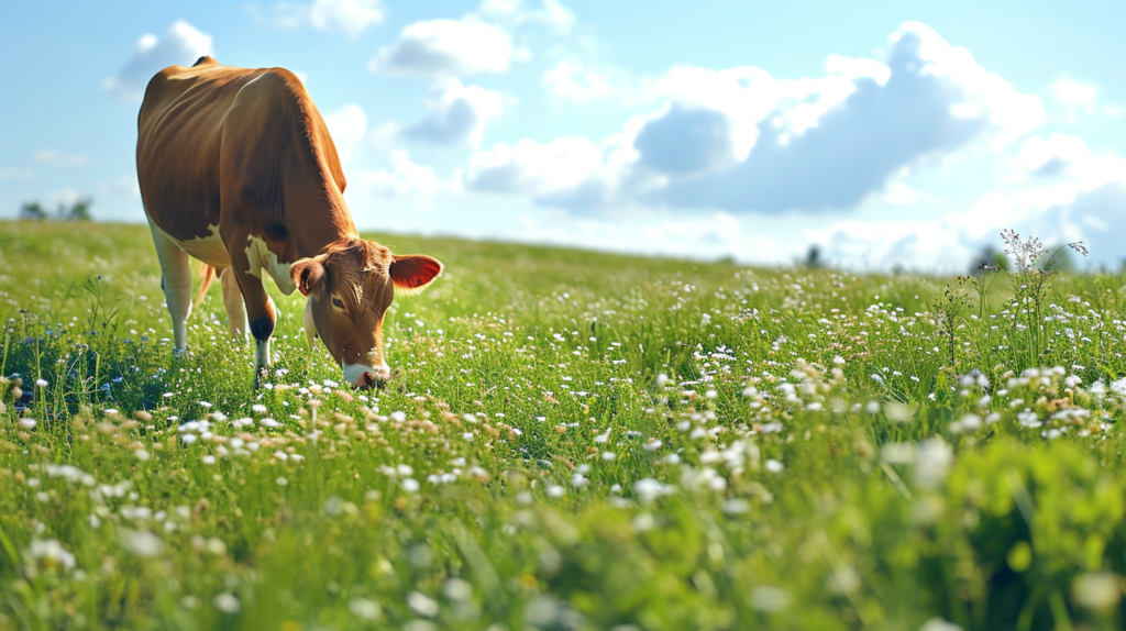 Grass fed cow in field